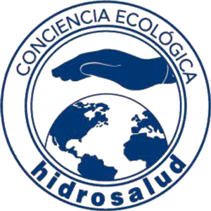 Logo de Hidrosalud con el texto "Conciencia Ecológica" en la parte superior. El logo muestra una mano extendida sobre un globo terráqueo, simbolizando el compromiso de la empresa con el cuidado del medio ambiente. 