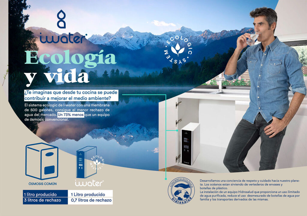 Publicidad de Hidroquivir mostrando un sistema de osmosis inversa para el hogar de la marca iWater. En la imagen, el famoso presentador de televisión Jorge Fernández toma un vaso de agua frente a una cocina moderna. Junto a él, hay una ilustración comparativa de los sistemas de osmosis común y el sistema iWater, destacando la eficiencia del rechazo de agua del 73% menor en comparación con otros equipos. El fondo muestra un paisaje natural con montañas y un lago, resaltando el compromiso ecológico del producto. La imagen también incluye el logotipo de Hidroquivir y un sello de "Ciencia Ecológica".