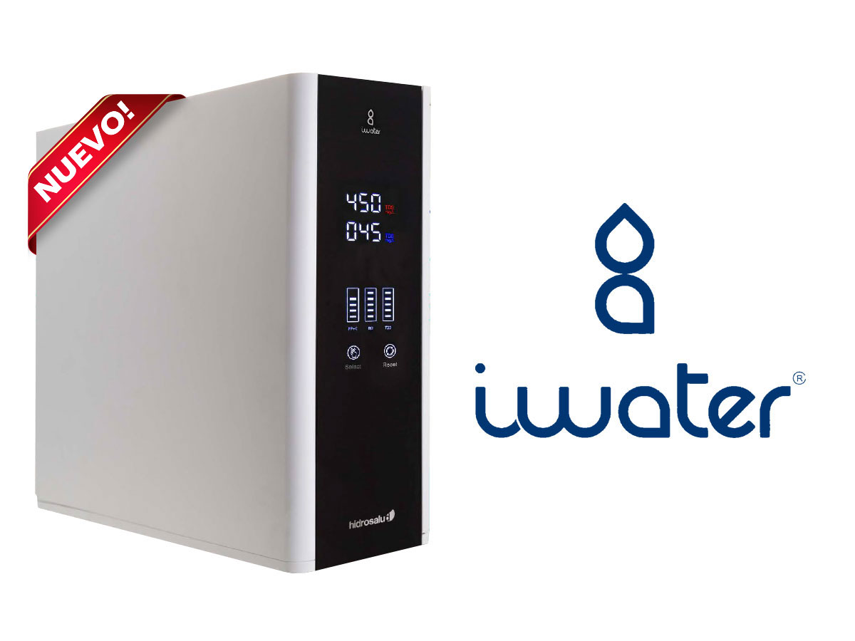 Imagen del nuevo sistema de osmosis inversa iWater de Hidroquivir. El dispositivo es moderno con una pantalla digital que muestra diversos indicadores y controles táctiles. Junto al dispositivo, se encuentra el logotipo de iWater. La imagen destaca la innovación y tecnología avanzada del producto, que se ofrece como una solución eficiente para la purificación de agua en el hogar. Un lazo rojo en la esquina superior izquierda indica que el producto es nuevo.