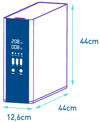 La imagen muestra una depuradora de agua por ósmosis inversa de diseño ultra compacto, ideal para el hogar. Sus dimensiones son 44 cm de altura, 44 cm de profundidad y 12.6 cm de ancho, lo que permite una fácil instalación en espacios reducidos. El frente del dispositivo presenta una pantalla digital con indicadores de funcionamiento y varios botones para controlar el sistema. Este equipo es parte de la oferta de Hisdroquivir, especializada en soluciones de purificación de agua para el hogar, incluyendo sistemas de ósmosis inversa, descalcificadoras y desincrustadoras.